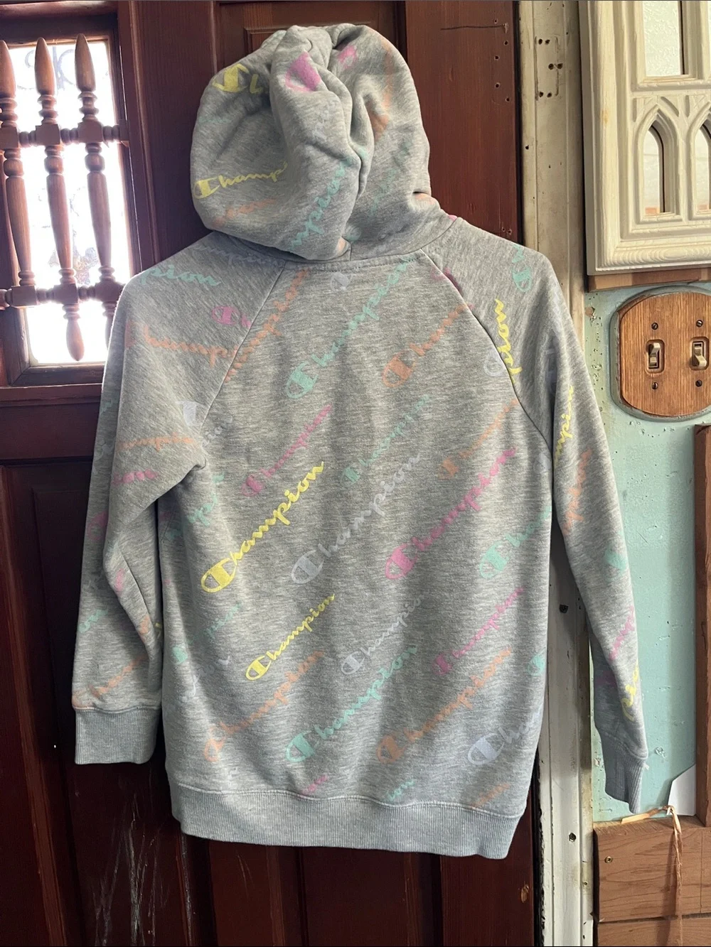 Champion Gray Hoodie with Pastel Logo Accents